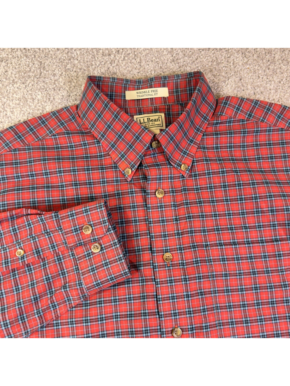 LL Bean Shirt Mens L Red Plaid Long Sleeve Button Traditional Fit Camp Cotton